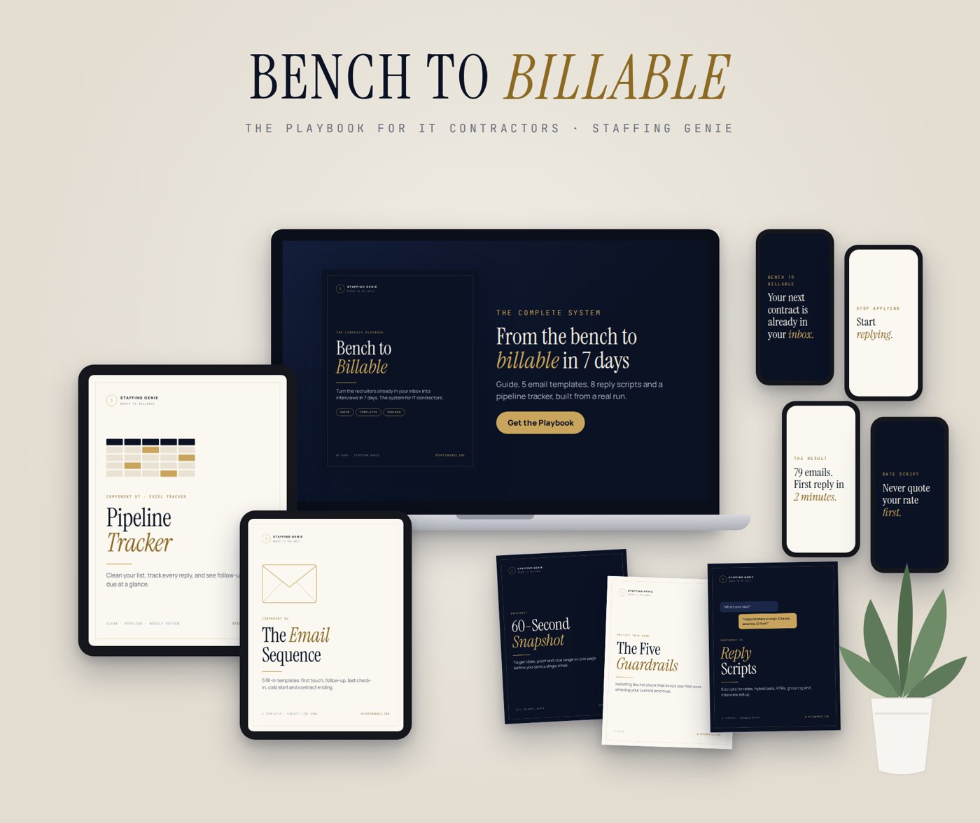 The Bench to Billable Playbook shown on a laptop, tablets and phones