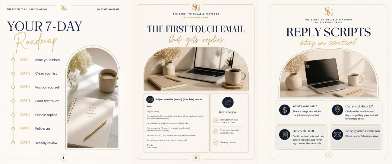 Three pages from the Playbook: the 7-day roadmap, the first touch email, and reply scripts